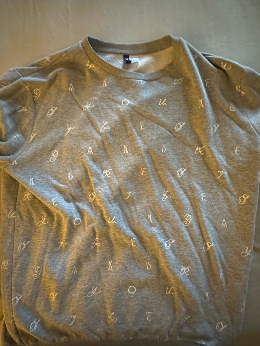 Divided Gray Crewneck Sweater with Script Print - Picture 2 of 6